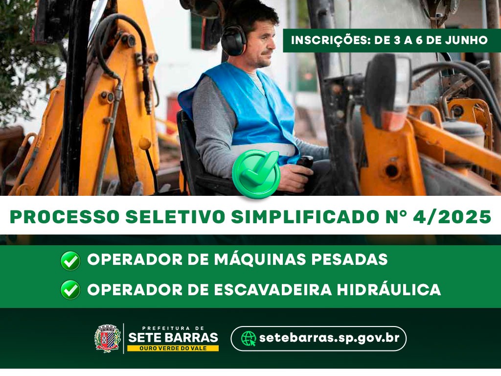 Prefeitura de Sete Barras abre processo seletivo para operadores de máquinas